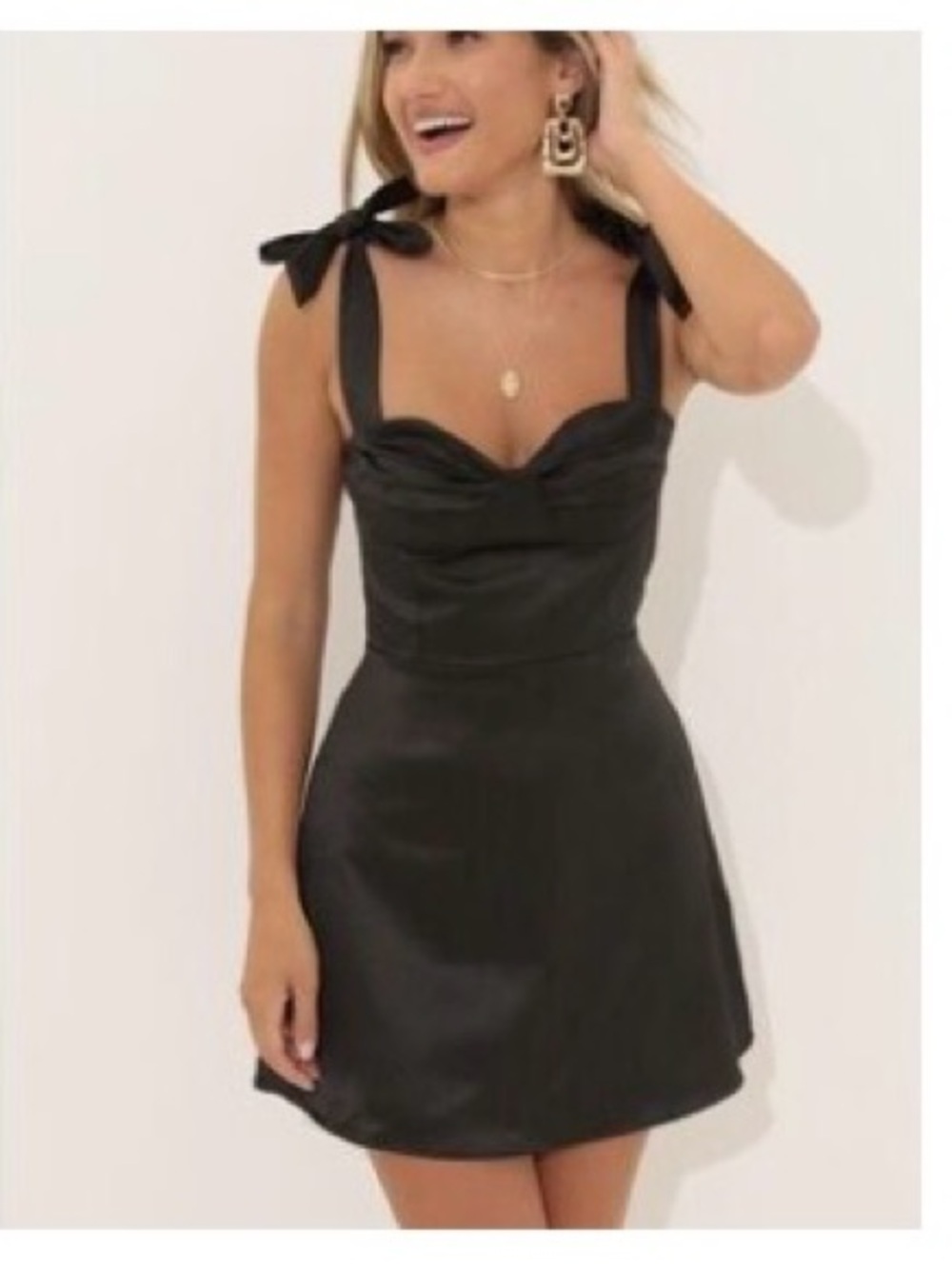 Black Tie-Shoulder Satin Mini Dress